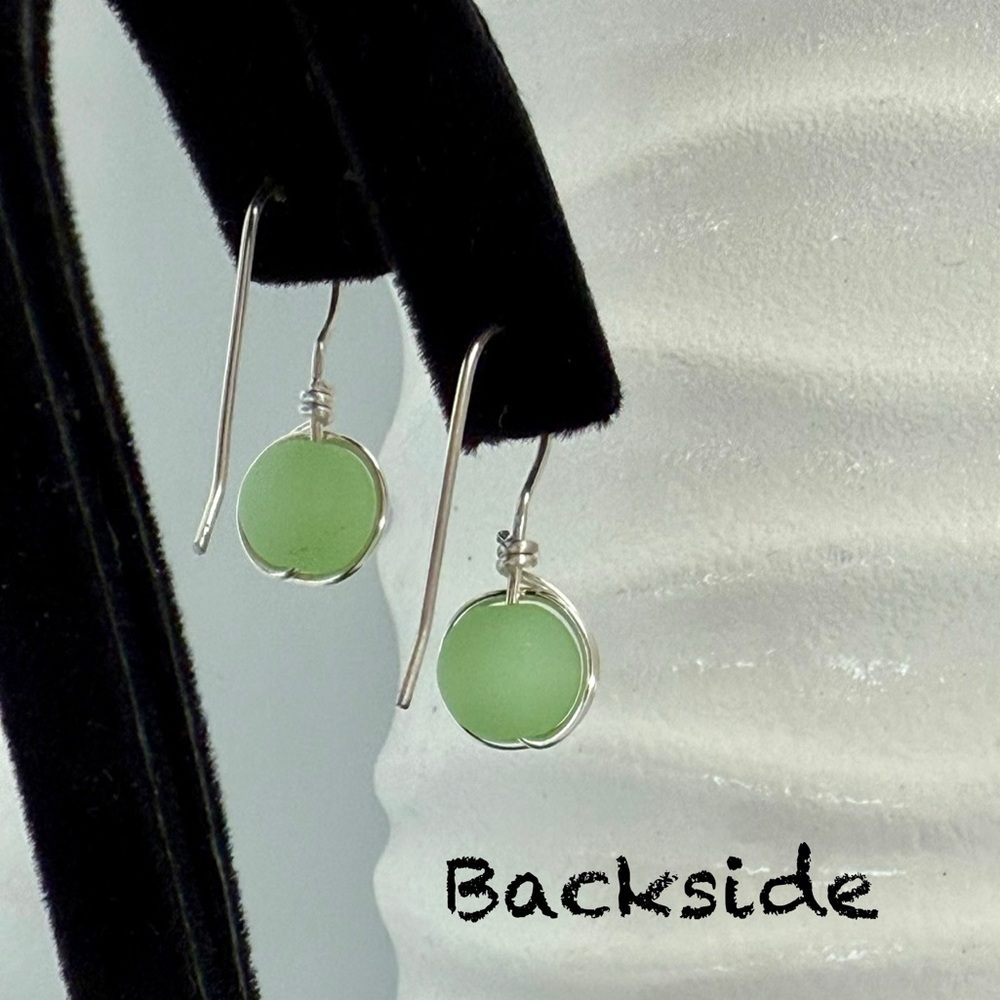 Green Sea Glass Minimalist Wire Wrapped Earrings - Picture 3 of 12